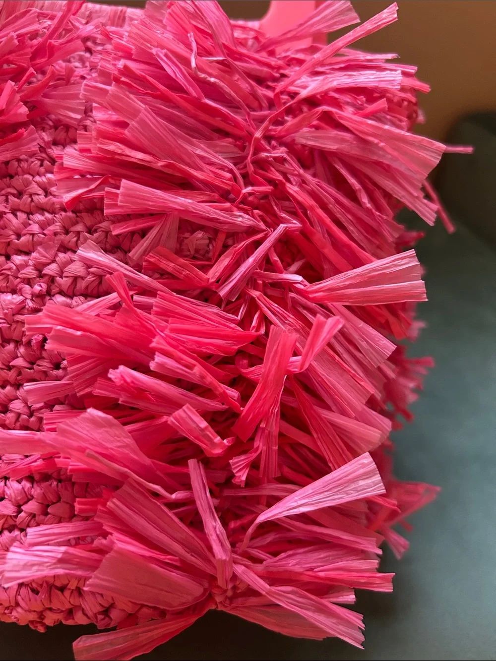 JCrew Woven Bright Pink Raffia Fringe Handbag with Acrylic Handles 🎀